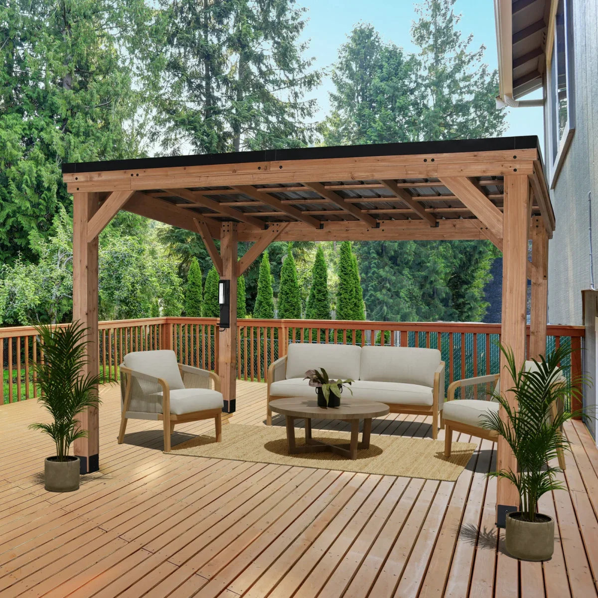 Backyard Discovery Arcadia 12' x 9.5' Cedar Wood Slope Roof Gazebo Patio Pavilion with Black Steel Roof and PowerPort - Image 2
