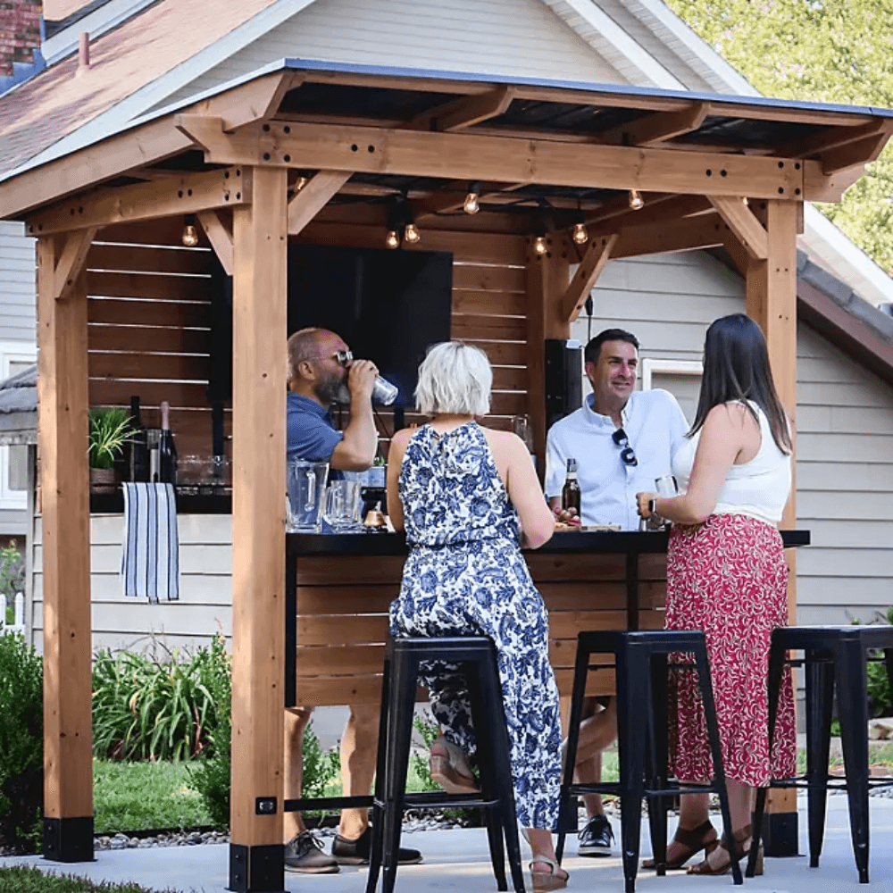 Backyard Discovery Cedar Springs Cedar Wood Outdoor Bar Set with Steel Countertops Shelving and TV Mount Privacy Wall - Image 4