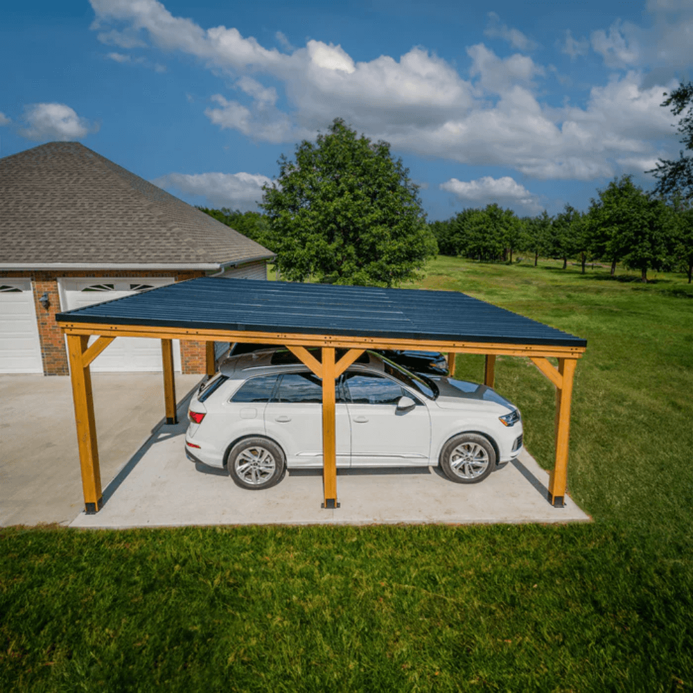 Backyard Discovery Kingsport 20' x 20' Cedar Wood Carport Heavy-Duty Outdoor Vehicle Shelter with Black Steel Roof and PowerPort - Image 3