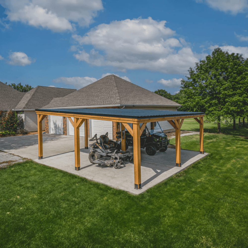 Backyard Discovery Kingsport 20' x 20' Cedar Wood Carport Heavy-Duty Outdoor Vehicle Shelter with Black Steel Roof and PowerPort - Image 4