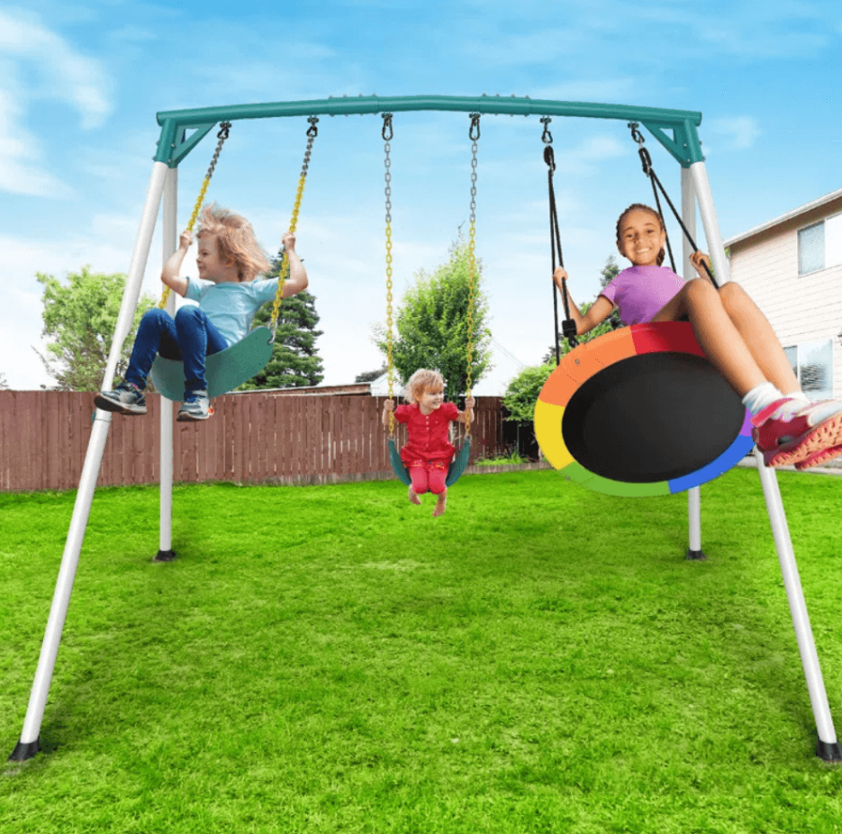 Designasofa 9.5 Ft. Heavy-Duty Metal Outdoor Swing Set with Saucer Swing and 2 Swings - Image 8