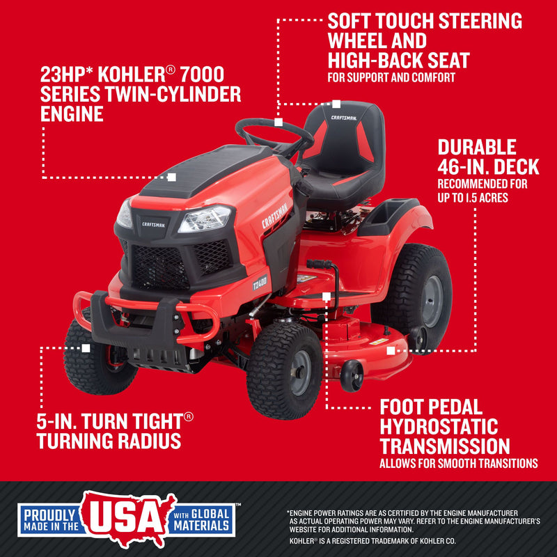 Craftsman T2400 46-Inch 23HP Kohler Hydrostatic Gas Riding Lawn Mower - Image 4